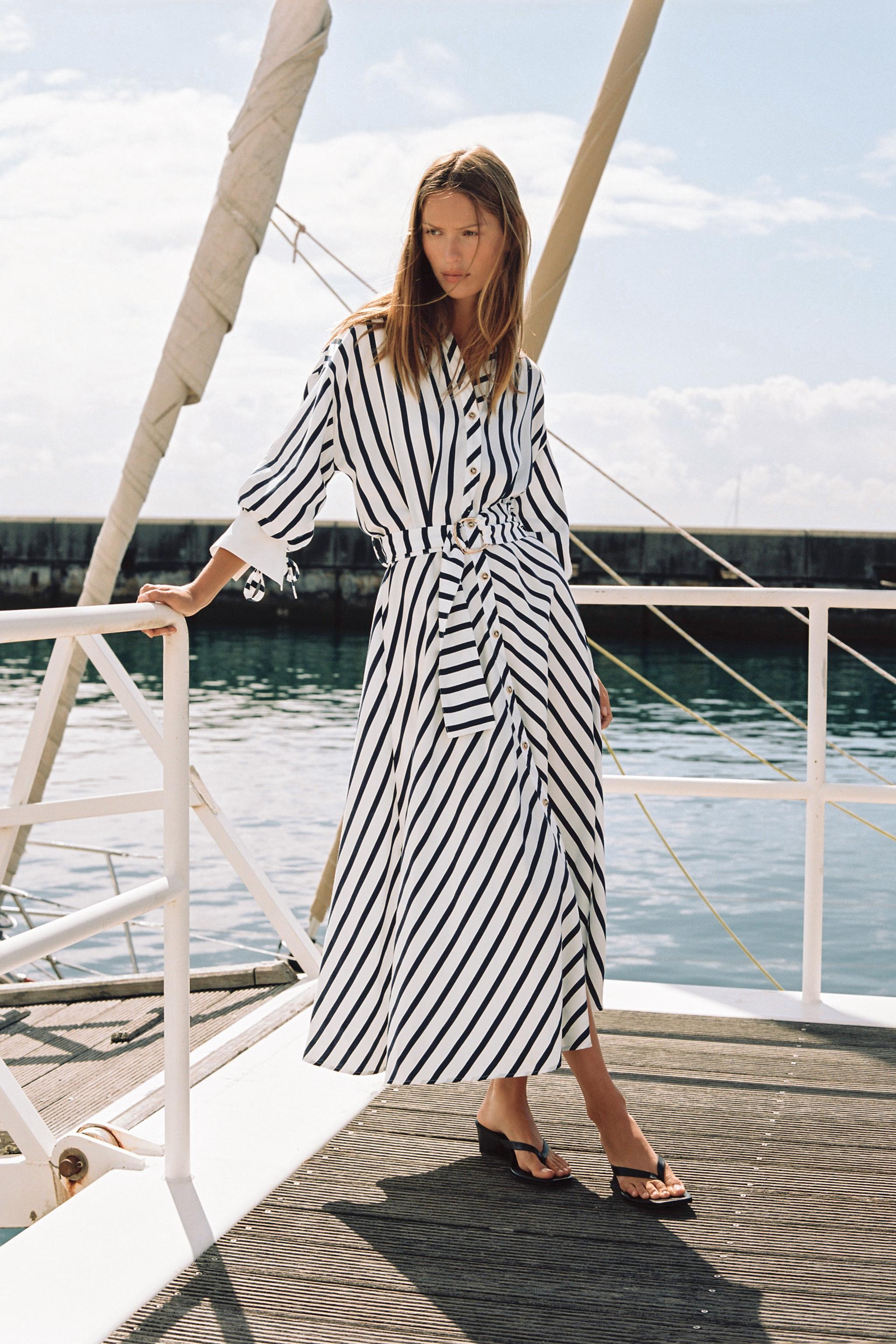 BELTED STRIPED MIDI DRESS